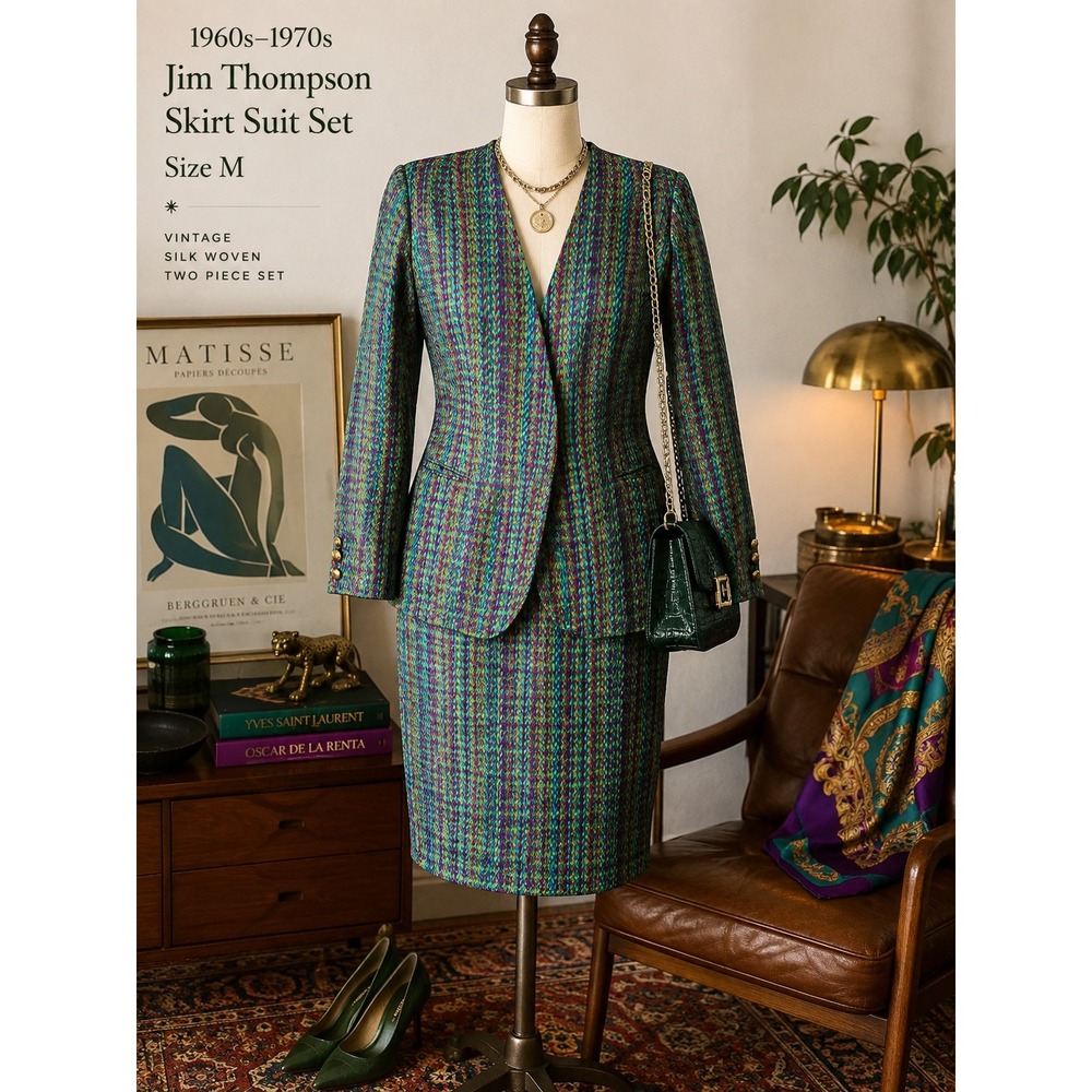 Vintage Jim Thompson Thai Silk 2-Piece Skirt Suit Green Purple Tweed-Weave Sz M